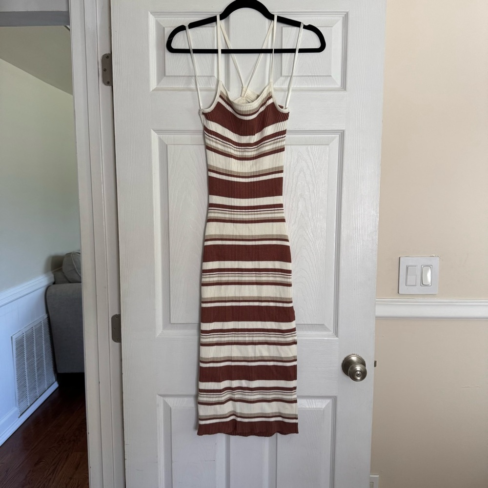 Abercrombie & Fitch Brown and Cream Striped Midi Dress